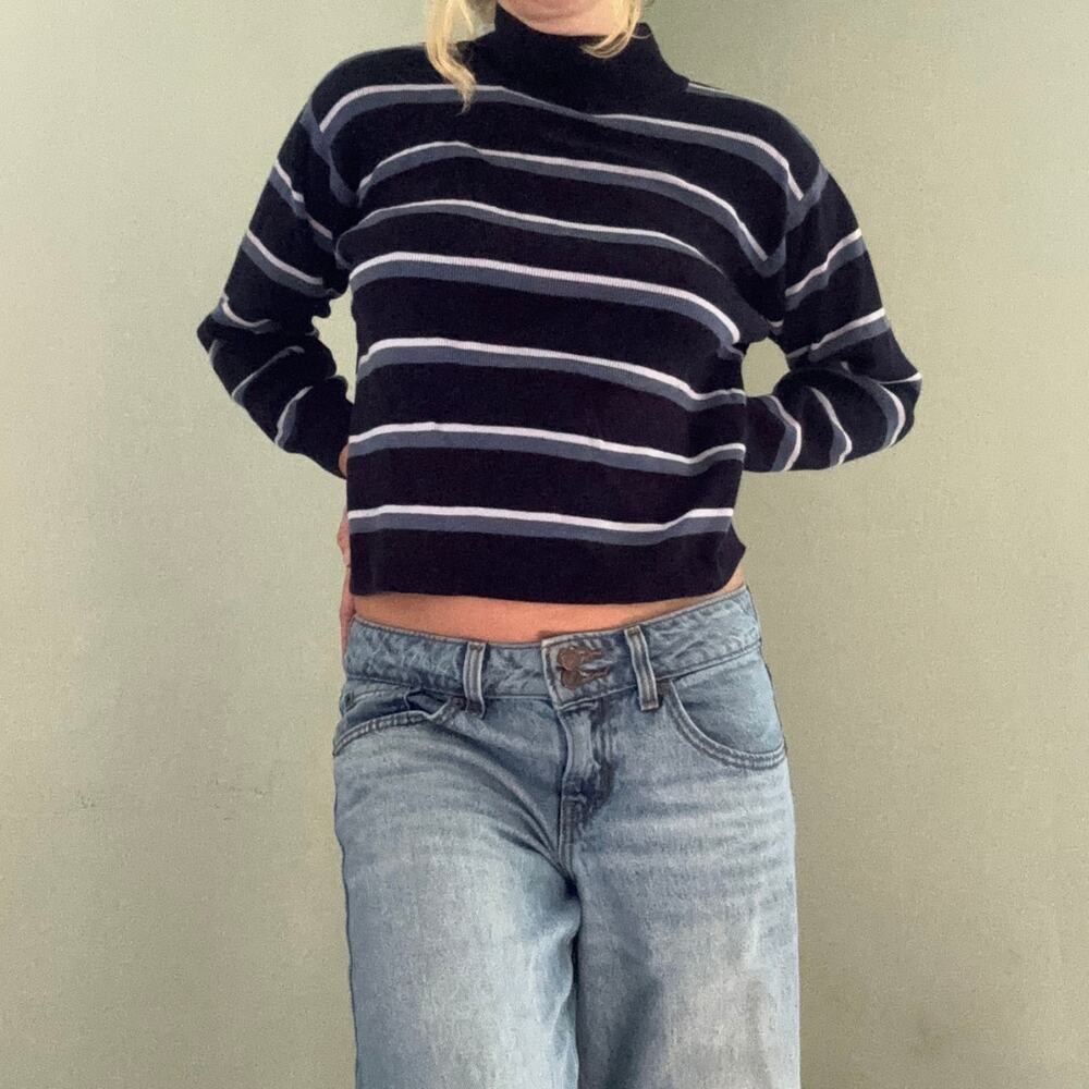 Vintage 90s Milano Striped Mock Neck Sweater Navy Blue Size Small Minimalist